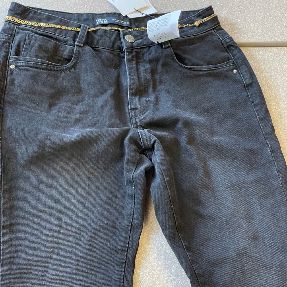 Zara Black Flare Jeans NWT Gold Chain Accent